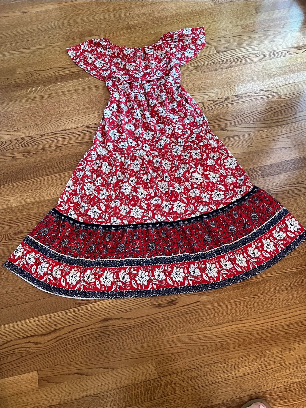 Cato Red Floral Off-Shoulder Maxi Dress with Navy Trim size L never